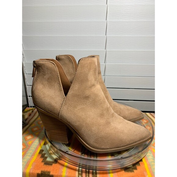 Women's Bamboo 8 Faux Suede Faux Wood Block Heeled Ankle Boot Zipper Back - Picture 4 of 13